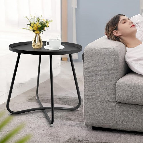 Outdoor Side Table, Round Modern Metal Side Table End Table with Raised Edge for Home, Garden, Balcony, Yard (Black) Outdoor Side Table, Round Modern Metal Side Table End Table with Raised Edge for Home, Garden, Balcony, Yard (Black)